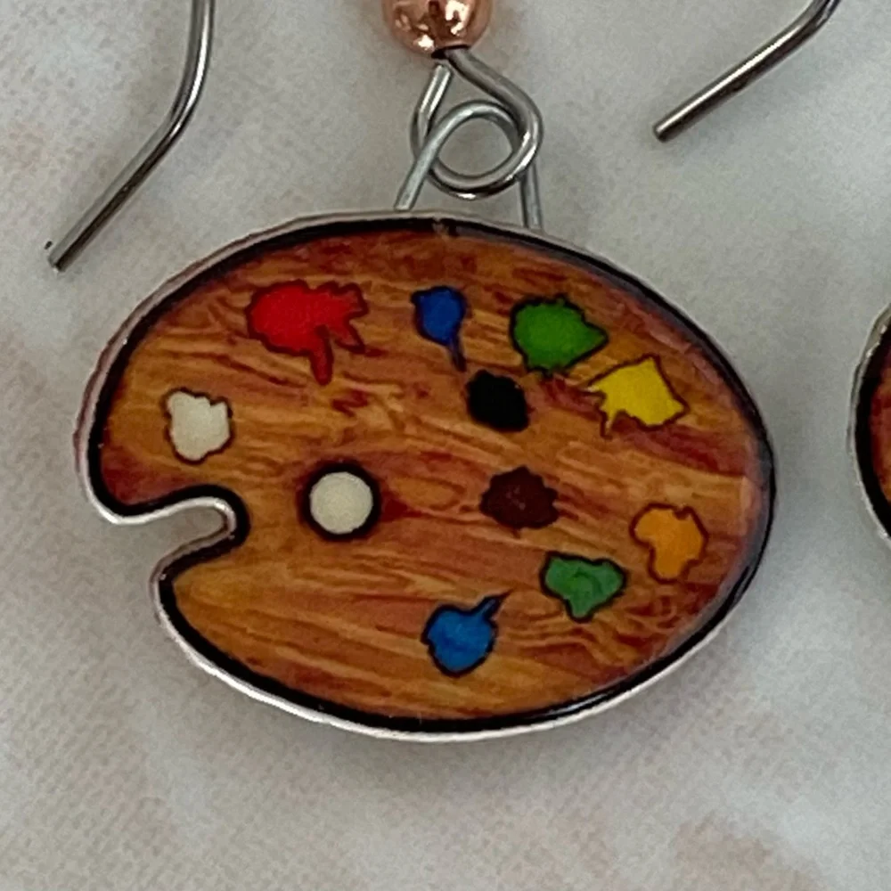 Artist Palette Paint & Brush Drop Earrings  Hand Made Signed Jewelry Art EUC